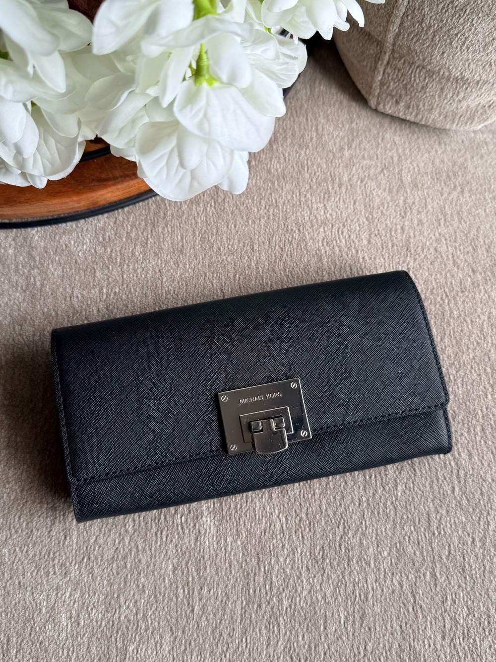 Michael Kors Black Saffiano Leather Foldover Wallet with Silver Hardware